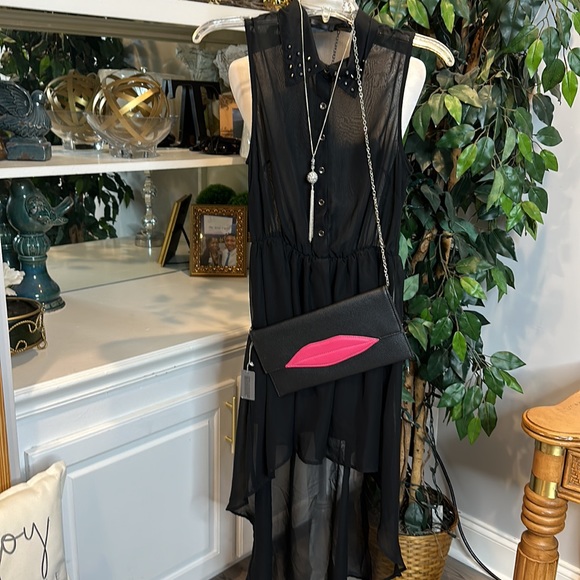 GUC All Kris Black Sheer High Low Mini Studded Sleeveless Dress, M - Picture 2 of 14